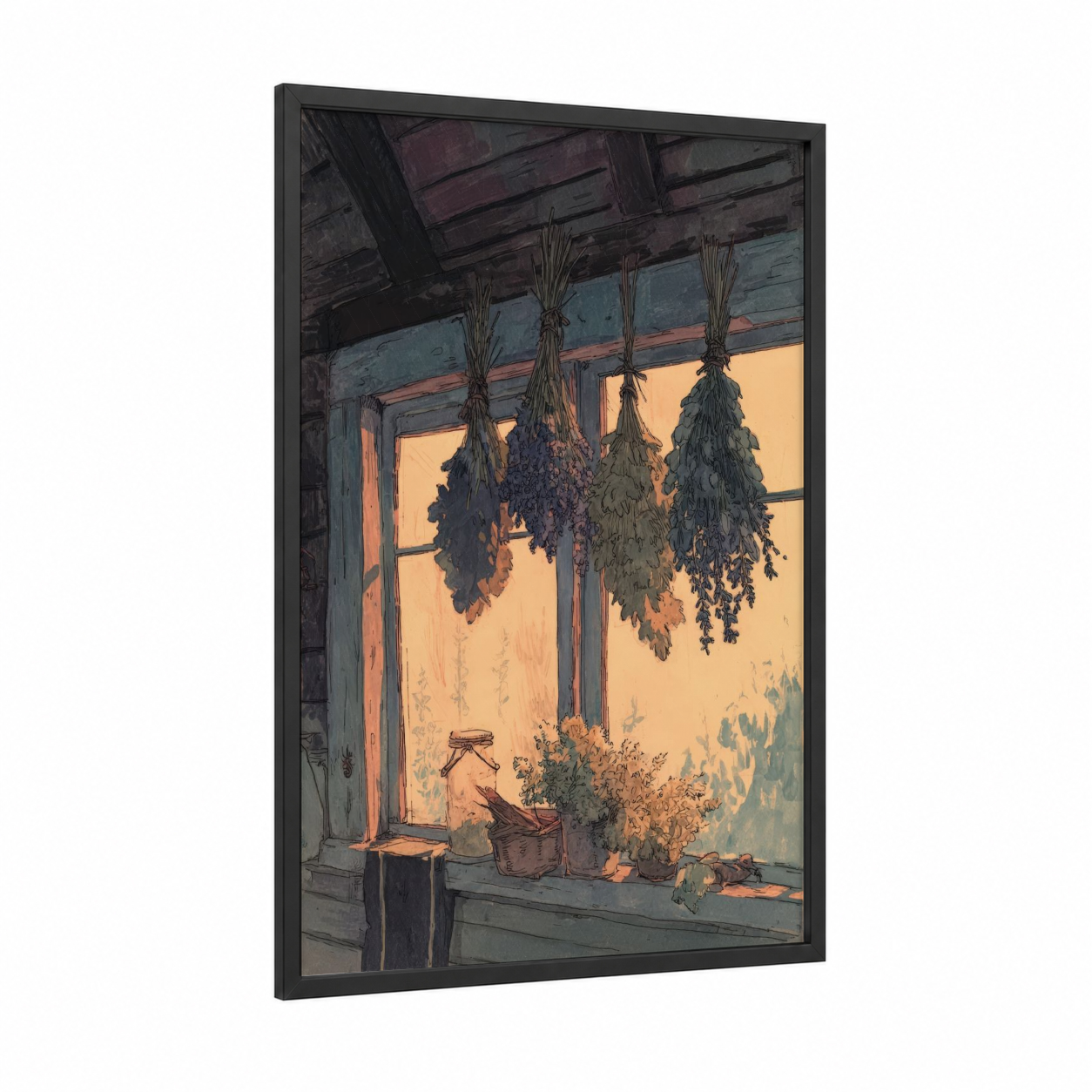 Hanging Herb Bundles framed herbs print — black wood frame — gold and gray palette