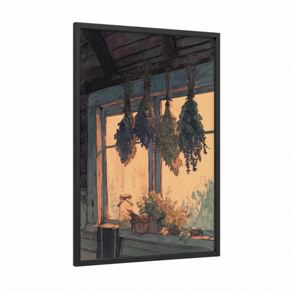 Hanging Herb Bundles framed herbs print — black wood frame — gold and gray palette