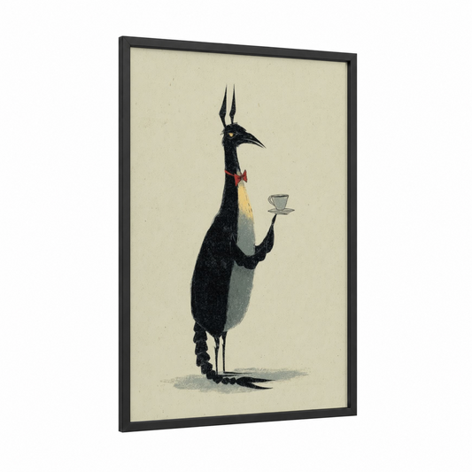 Elegant Chimera framed art print — black wood frame — cream and black palette