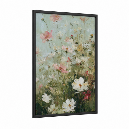 Pastel Flower Field framed art print — black wood frame — cream and light green palette