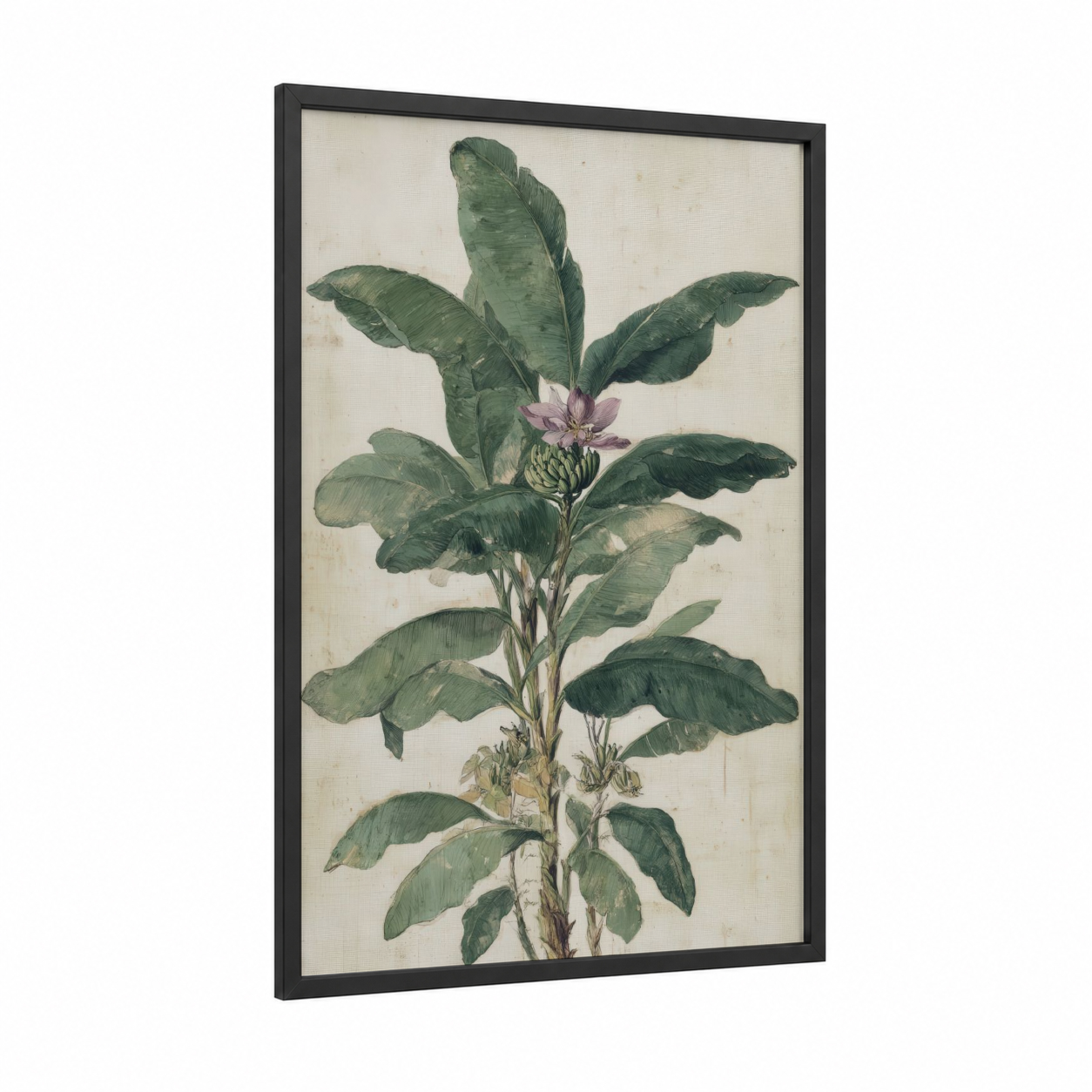 Banana Blossom framed fruit trees print — black wood frame — light green and beige palette