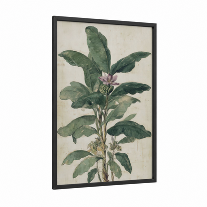 Banana Blossom framed fruit trees print — black wood frame — light green and beige palette