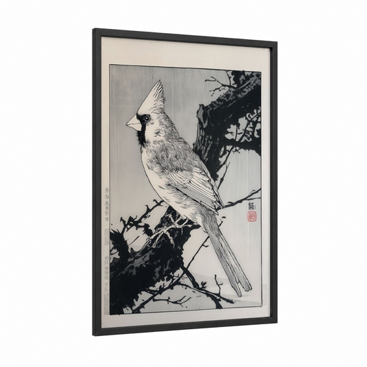 Crested Cardinal Branch framed art print — black wood frame — black and white palette