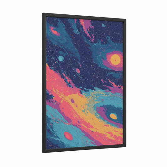 Cosmic Vortex framed space print — black wood frame — magenta and turquoise palette