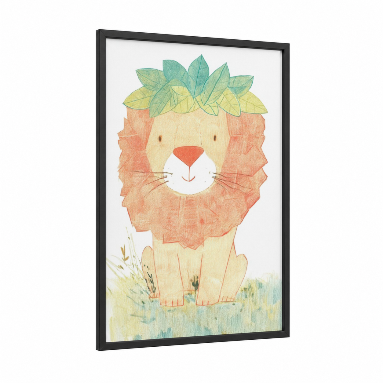 Leafy Lion framed art print — black wood frame — peach and light green palette