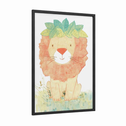 Leafy Lion framed art print — black wood frame — peach and light green palette