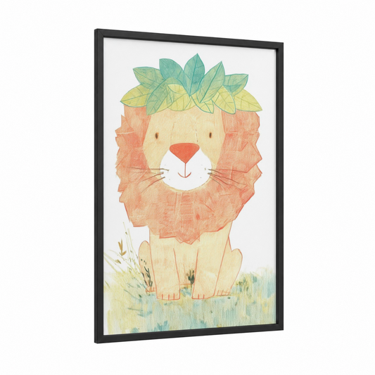 Leafy Lion framed art print — black wood frame — peach and light green palette