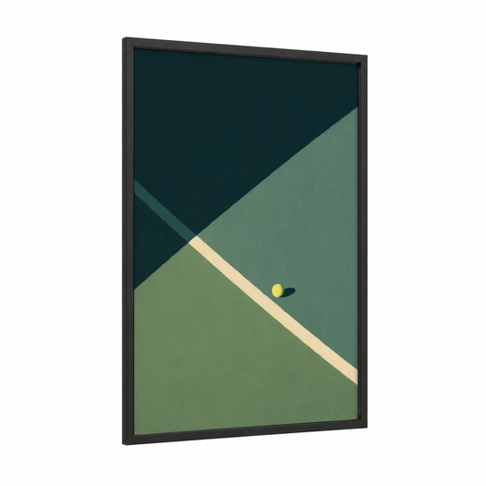 Court Geometry framed tennis print — black wood frame — sage green and dark blue palette