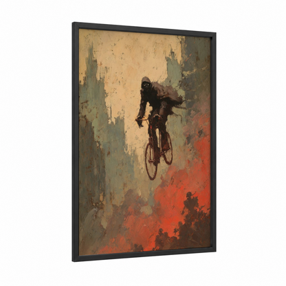 Urban Cyclist framed urban bicycle print — black wood frame — gold and red palette