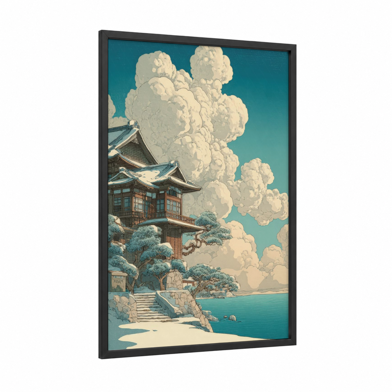 Lakeside Temple framed art print — black wood frame — teal and cream palette