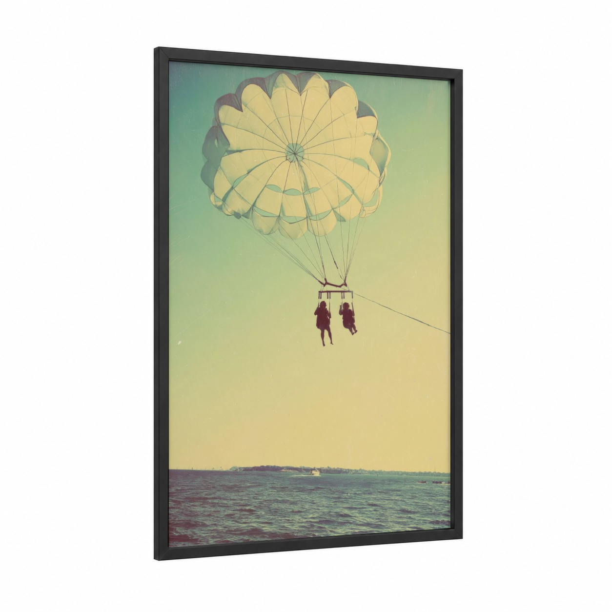 Coastal Parasailing framed art print — black wood frame — teal and gold palette