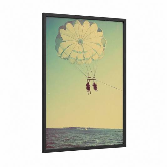 Coastal Parasailing framed art print — black wood frame — teal and gold palette
