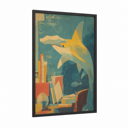 Golden Hammerhead framed hammerhead shark print — black wood frame — gold and teal palette