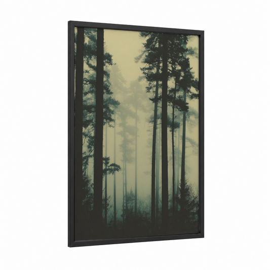 Misty Cedar Forest framed art print — black wood frame — gold and gray palette