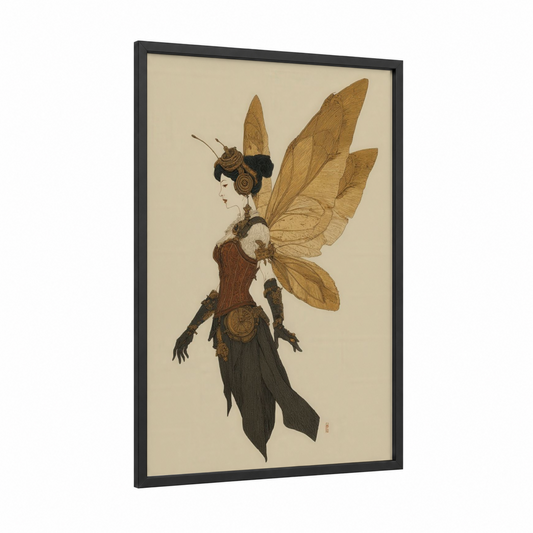 Steampunk Fairy framed art print — black wood frame — gold and brown palette