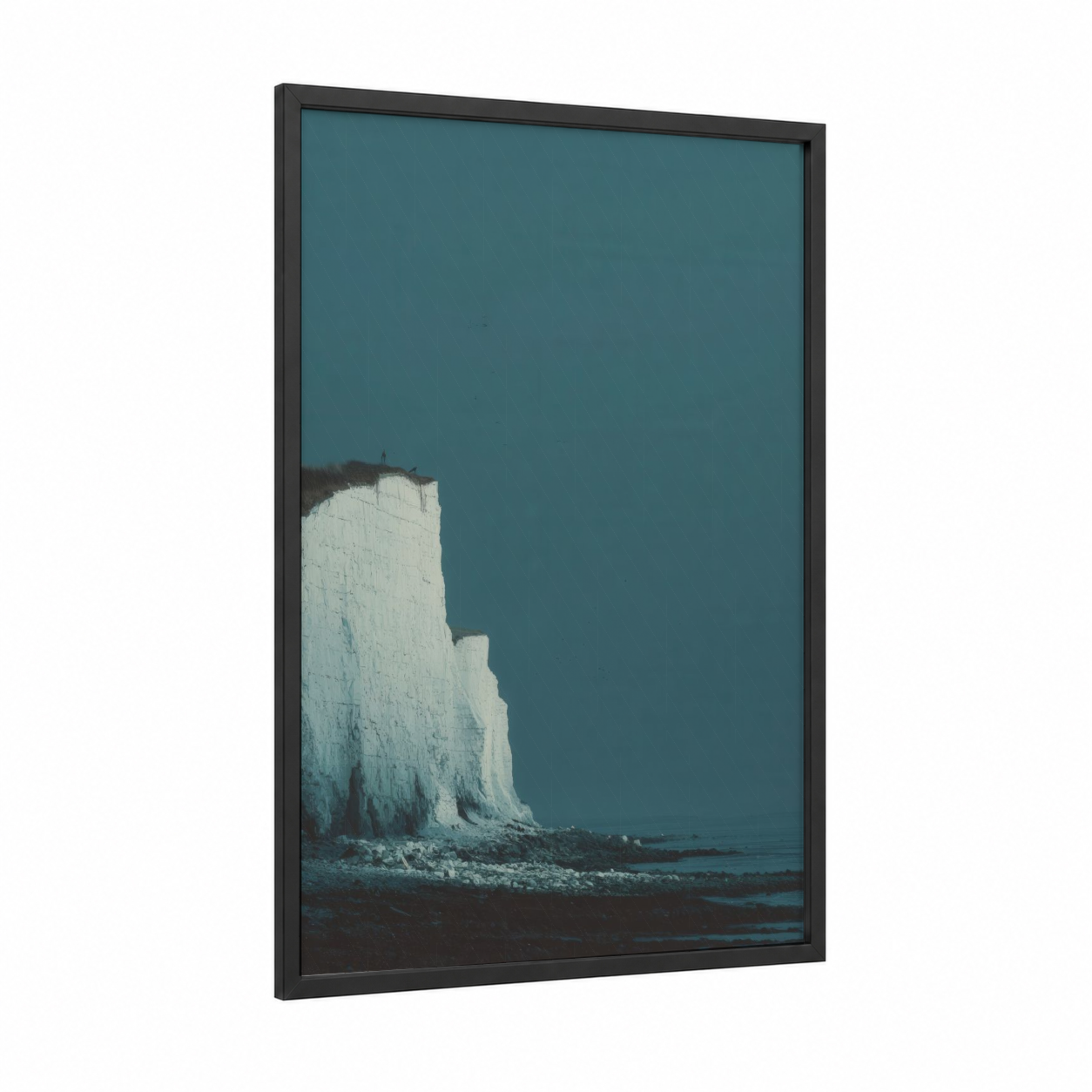 Teal Cliff Edge framed art print — black wood frame — teal and white palette