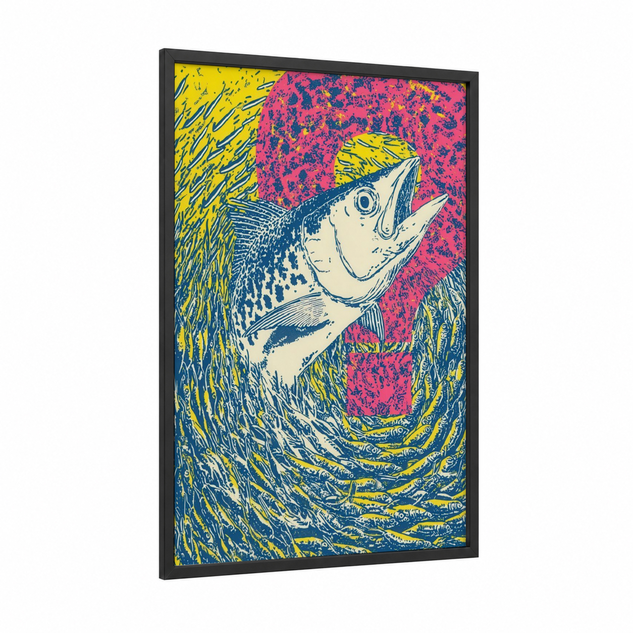 Vibrant Marlin framed art print — black wood frame — magenta and yellow gold palette