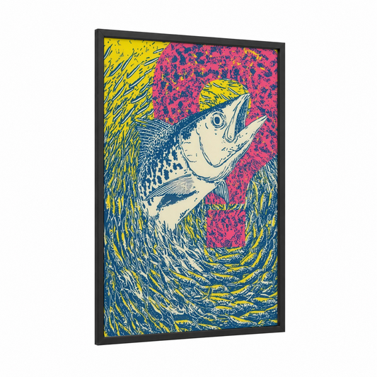 Vibrant Marlin framed art print — black wood frame — magenta and yellow gold palette