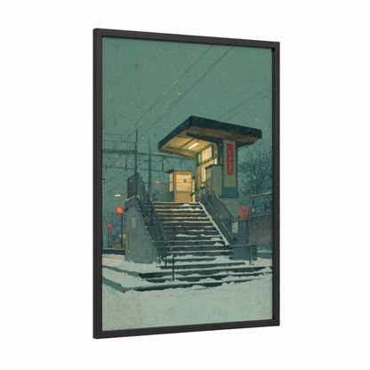 Snowy Subway Entrance framed art print — black wood frame — teal and gold palette