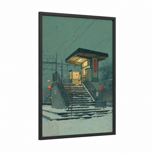 Snowy Subway Entrance framed art print — black wood frame — teal and gold palette