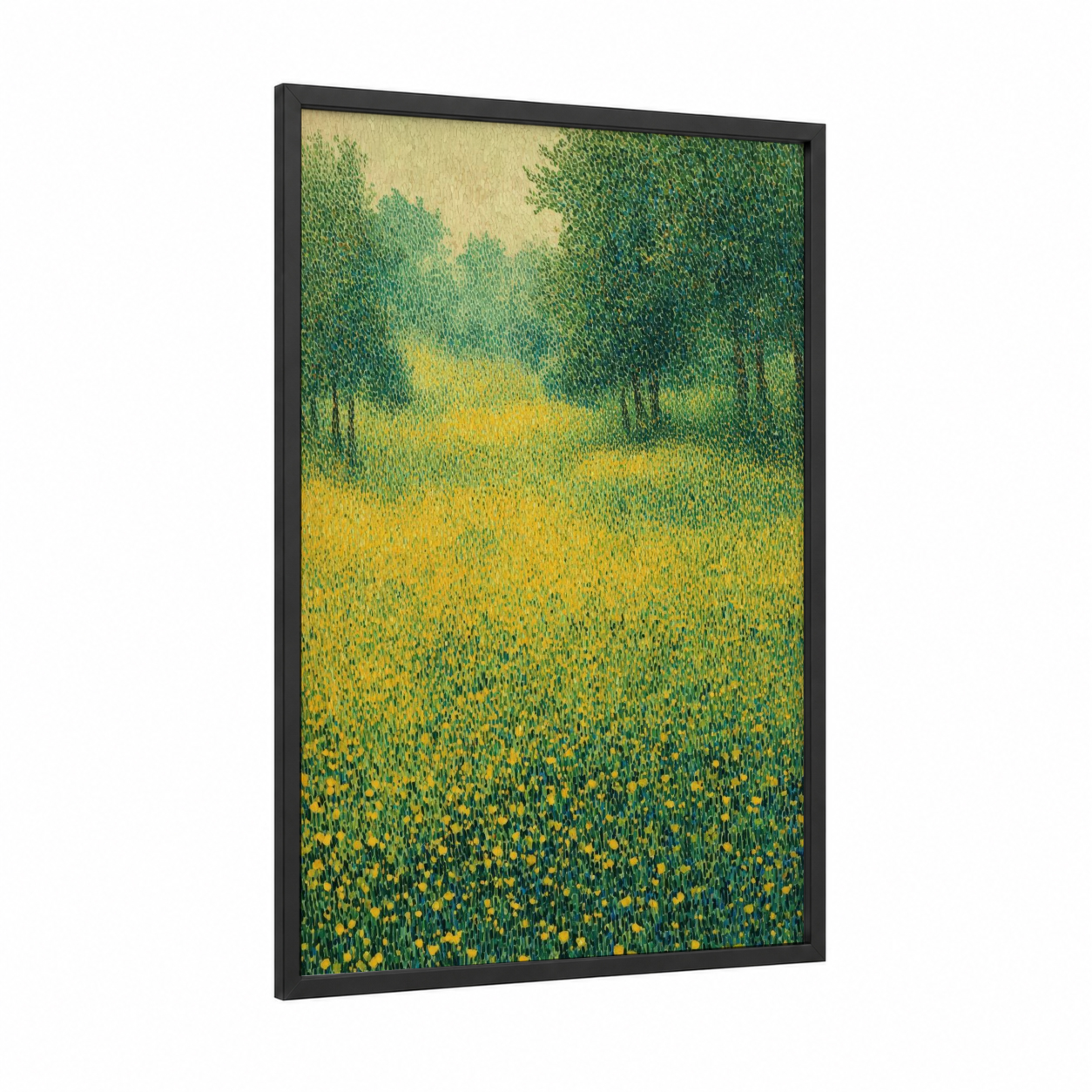 Golden Meadow Vista framed green field print — black wood frame — yellow gold and true green palette