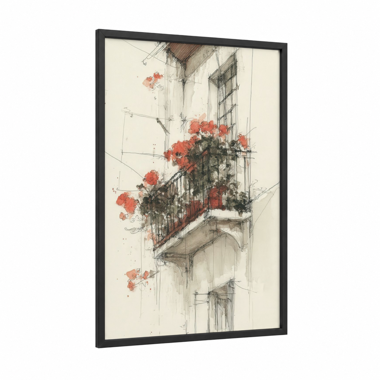 Balcony Geranium framed art print — black wood frame — red and cream palette
