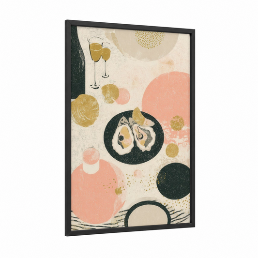 Champagne Celebration framed new years eve print — black wood frame — gold and salmon pink palette