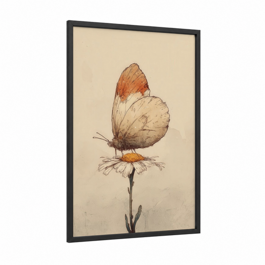 Cream Butterfly Daisy framed art print — black wood frame — cream and russet palette