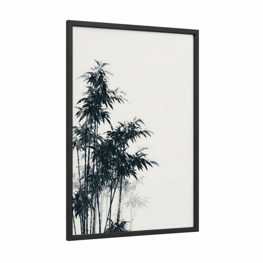 Misty Bamboo Forest framed bamboo jungle print — black wood frame — black and white palette