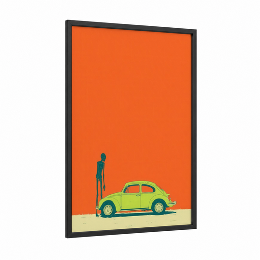 Alien Visitor framed extraterrestrial print — black wood frame — pumpkin and lime green palette