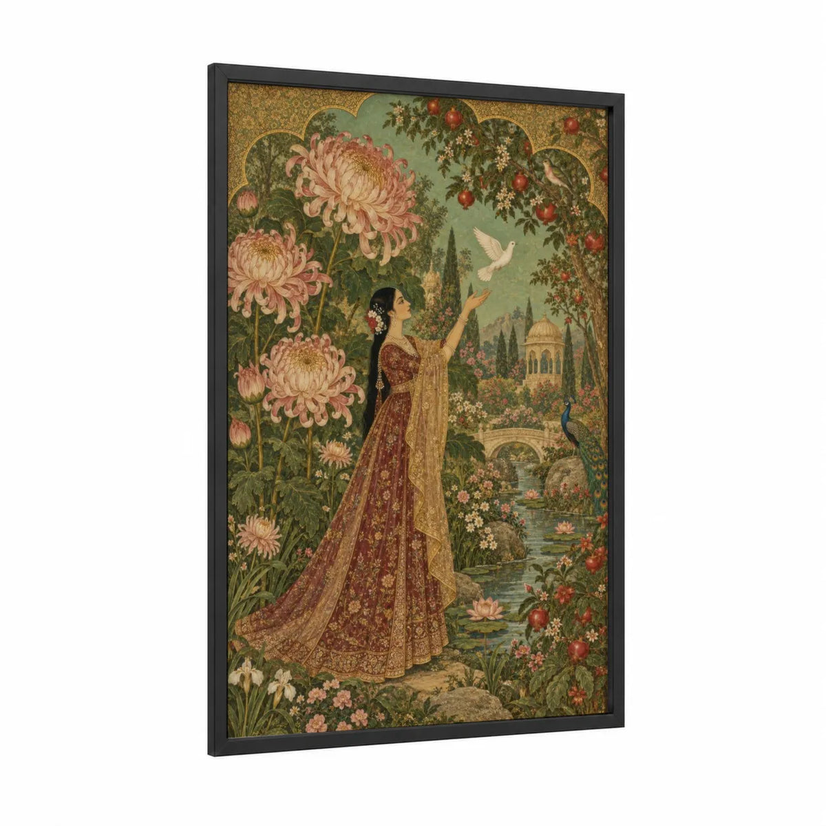 Persian Garden Woman Peacock Dove Wall Art framed chrysanthemum print — black wood frame — gold and maroon palette