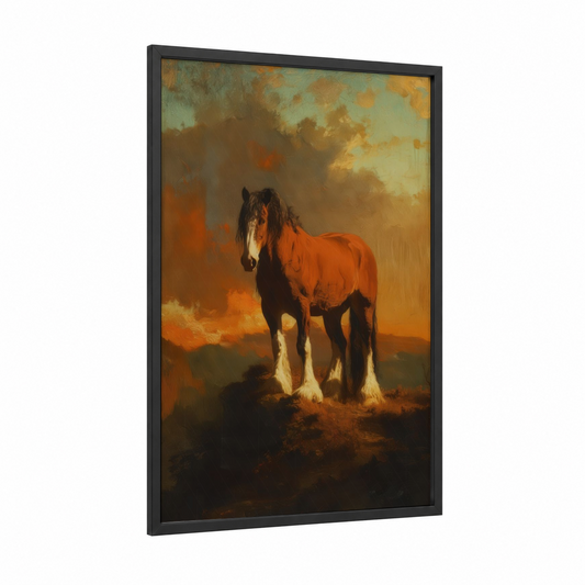 Golden Hour Clydesdale framed clydesdale horse print — black wood frame — gold and orange palette