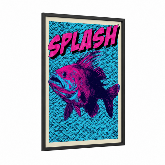 Splash Dragon Fish framed art print — black wood frame — magenta and blue palette