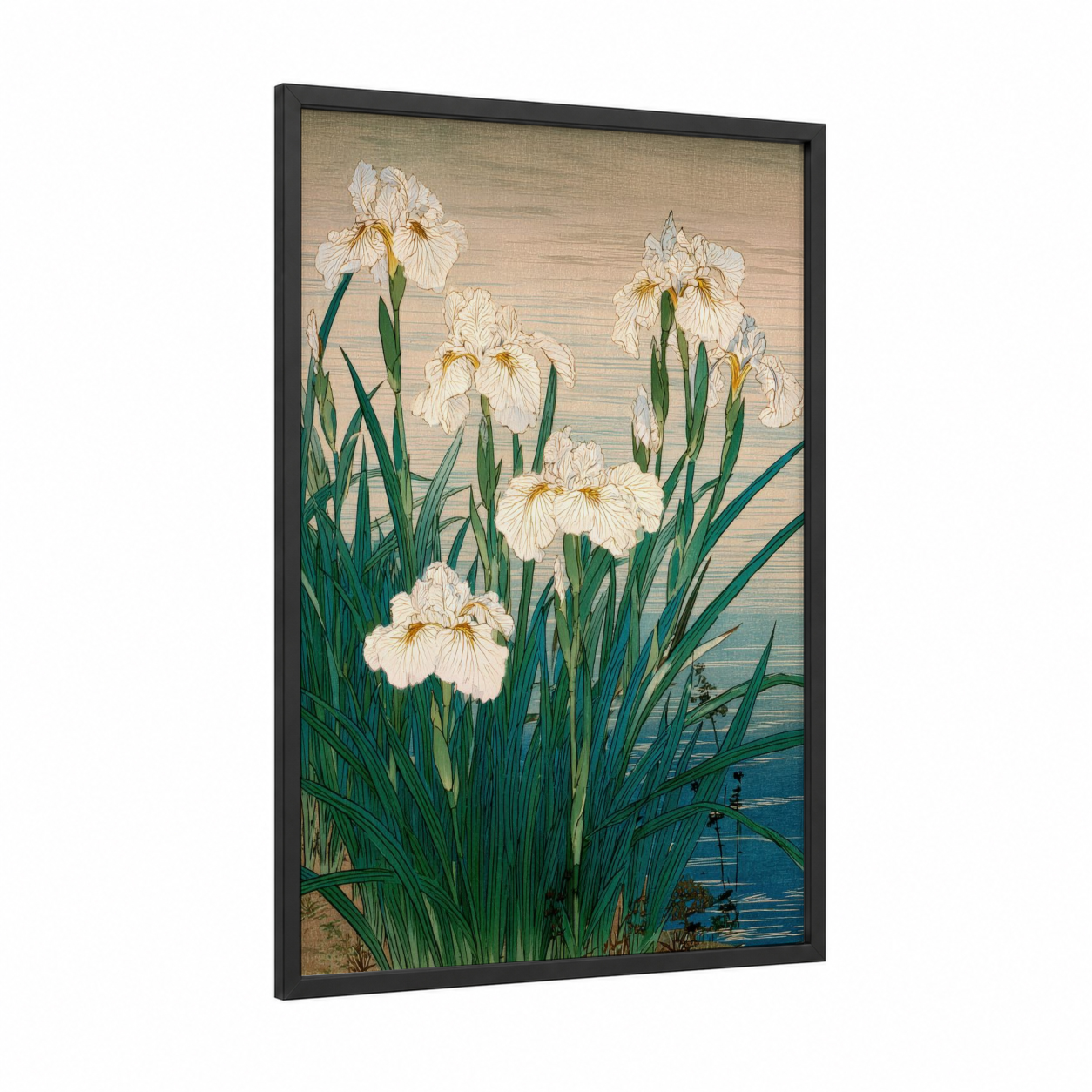White Irises Botanical framed art print — black wood frame — cream and green palette