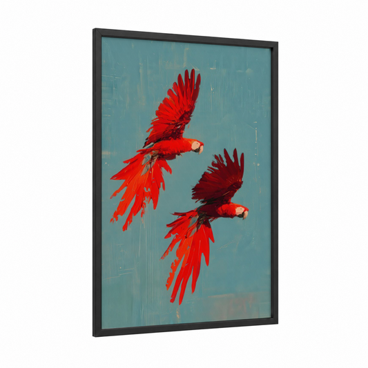 Crimson Flight Pair framed safari parrots print — black wood frame — red and teal palette