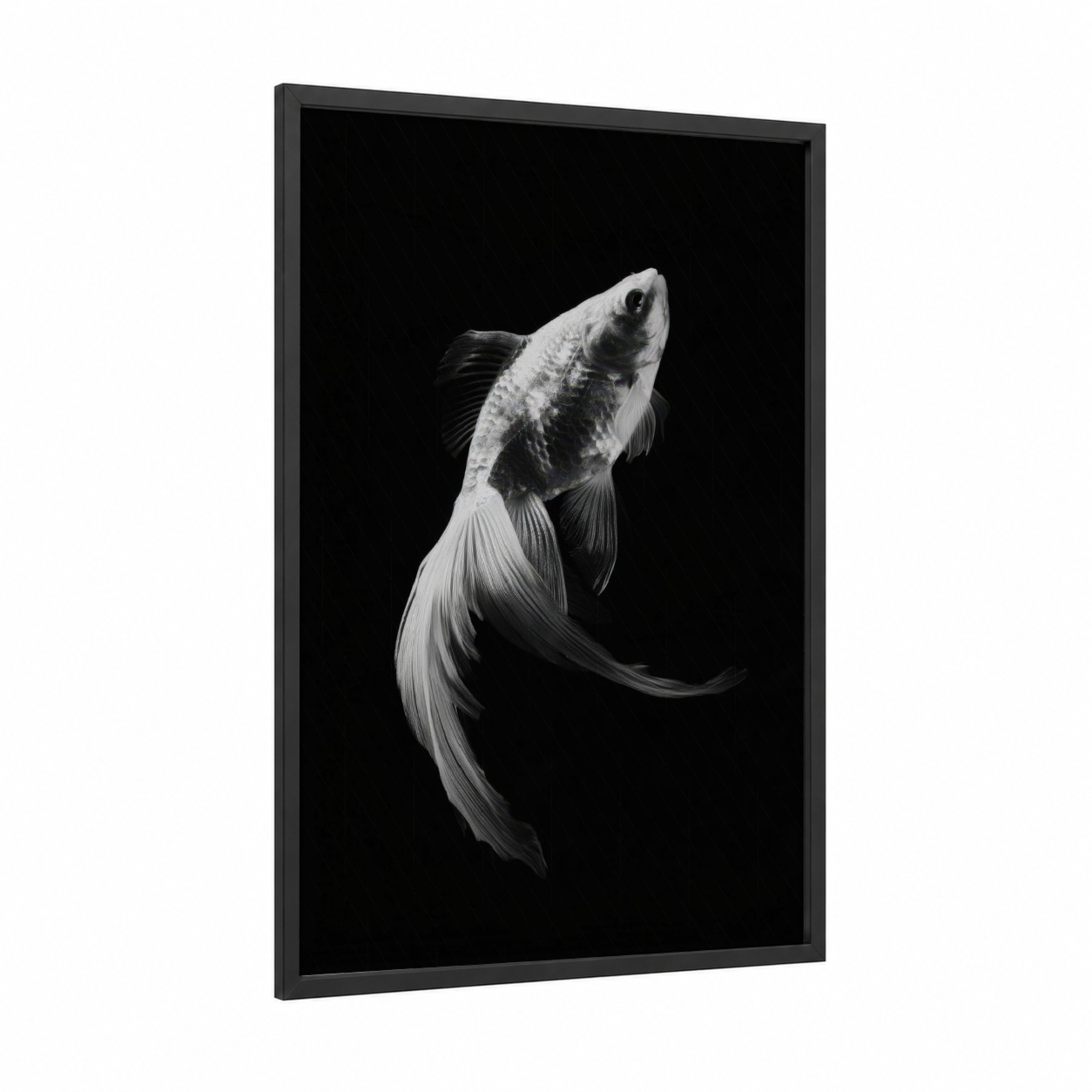 Graceful Goldfish framed art print — black wood frame — black and white palette