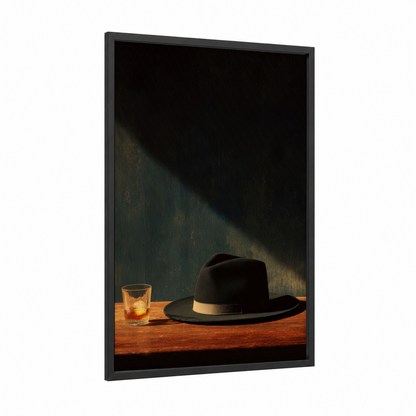 Noir Fedora Study framed accessories print — black wood frame — black and gold and sage green palette