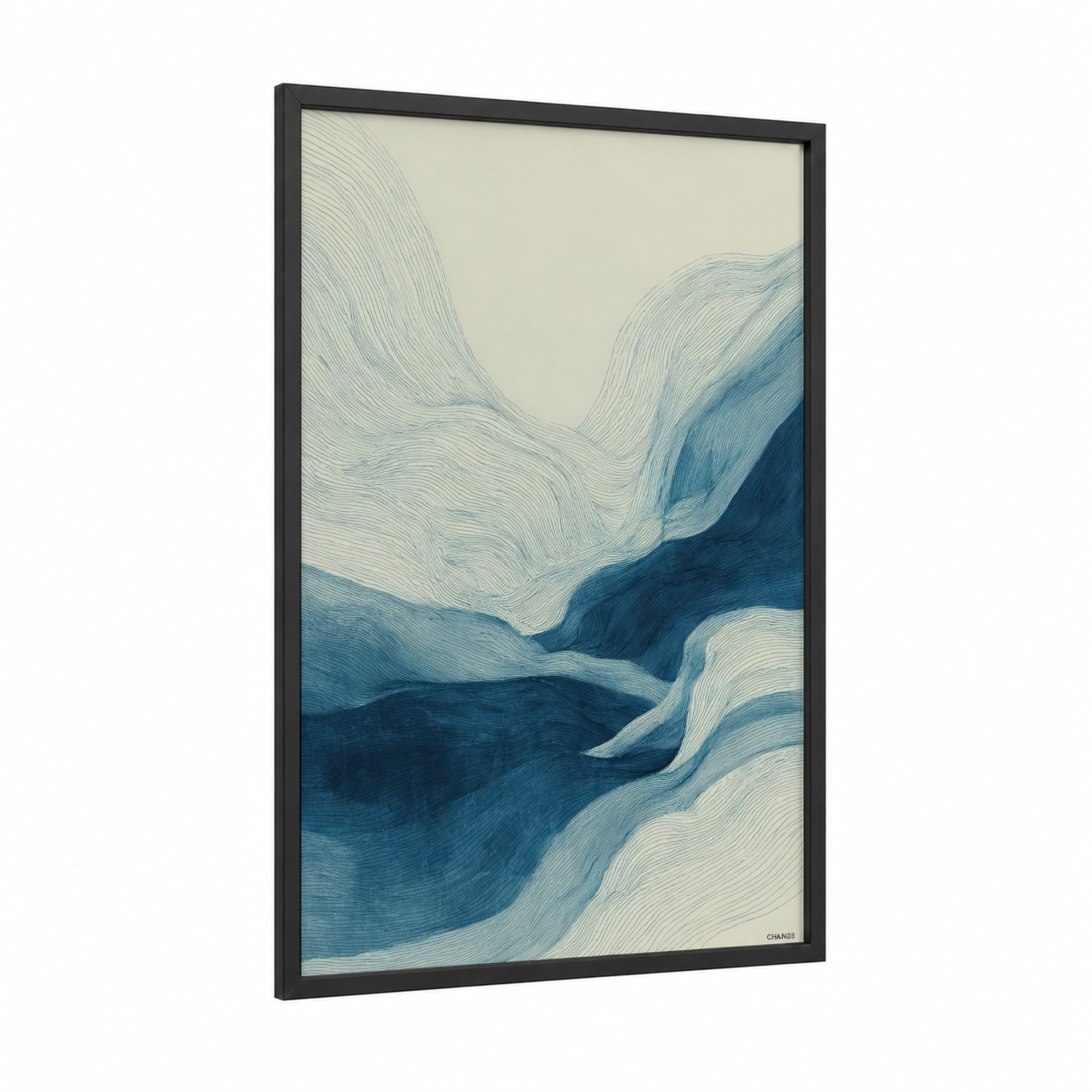 Flowing Movement Abstract framed jiu jutsu print — black wood frame — blue and cream palette