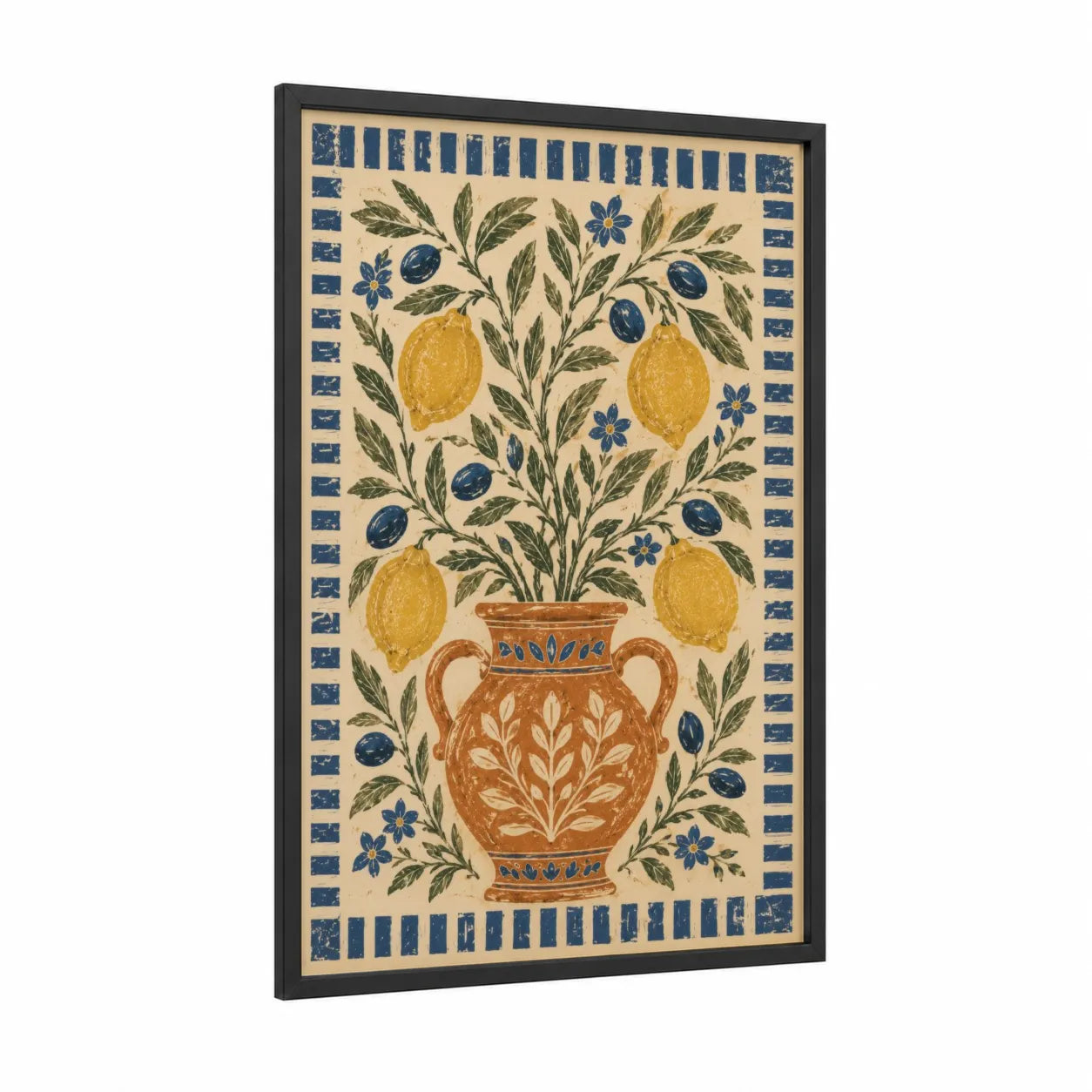 Mediterranean Lemon Tree Vase Wall Art framed fruit trees print — black wood frame — beige and blue palette