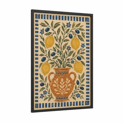 Mediterranean Lemon Tree Vase Wall Art framed fruit trees print — black wood frame — beige and blue palette