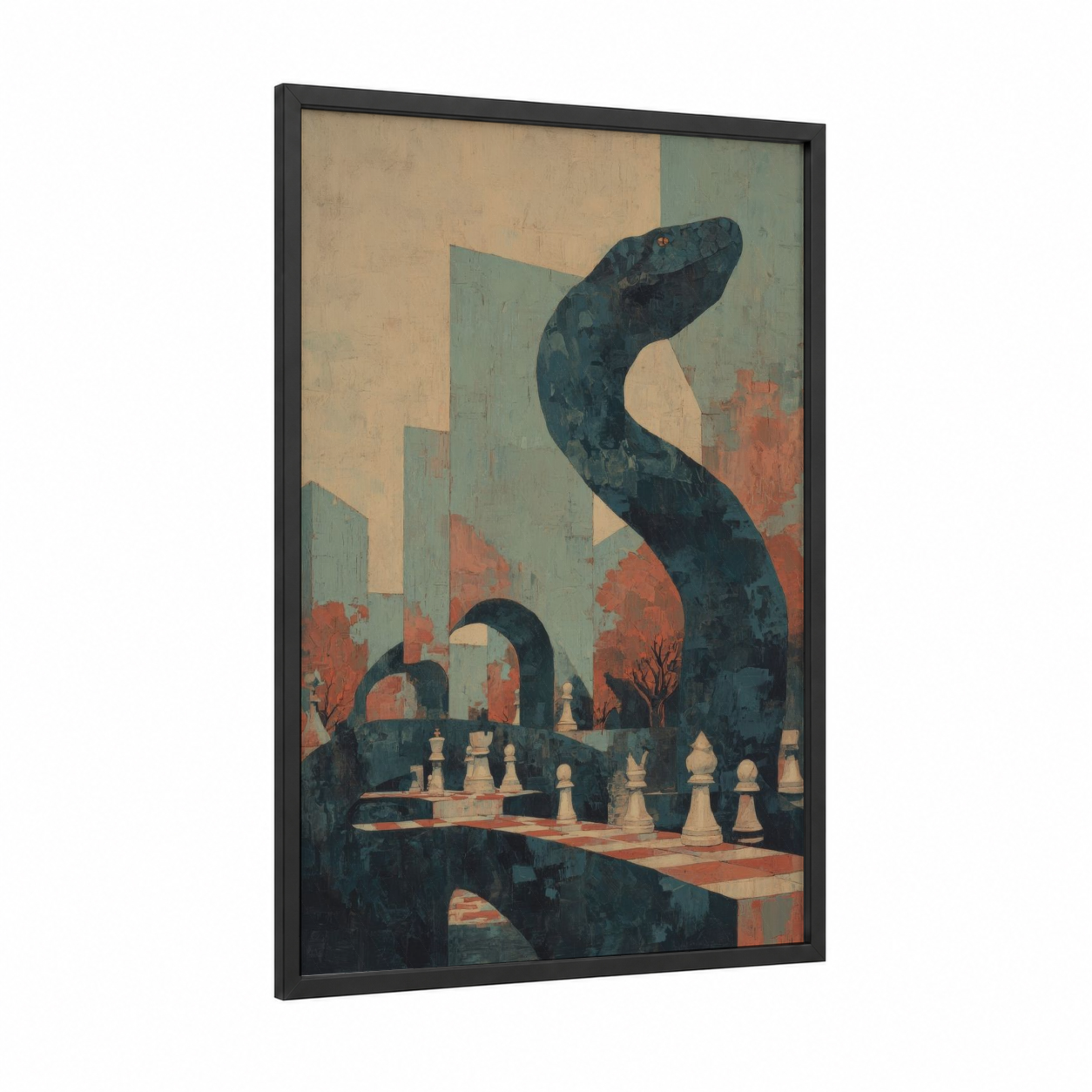 Surreal Boa Constrictor framed art print — black wood frame — beige and sage green palette