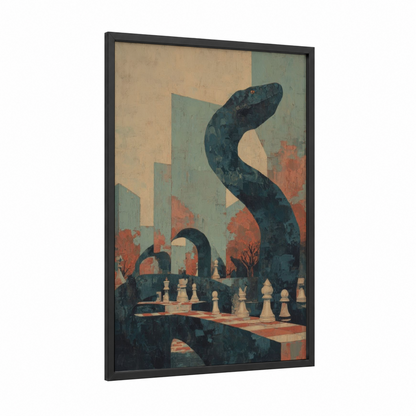 Surreal Boa Constrictor framed art print — black wood frame — beige and sage green palette