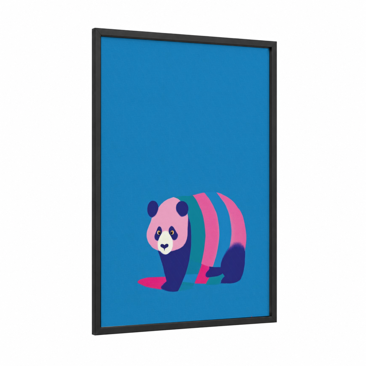 Striped Panda framed art print — black wood frame — blue and pink palette