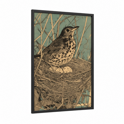 Nesting Thrush framed art print — black wood frame — sage green and cream palette