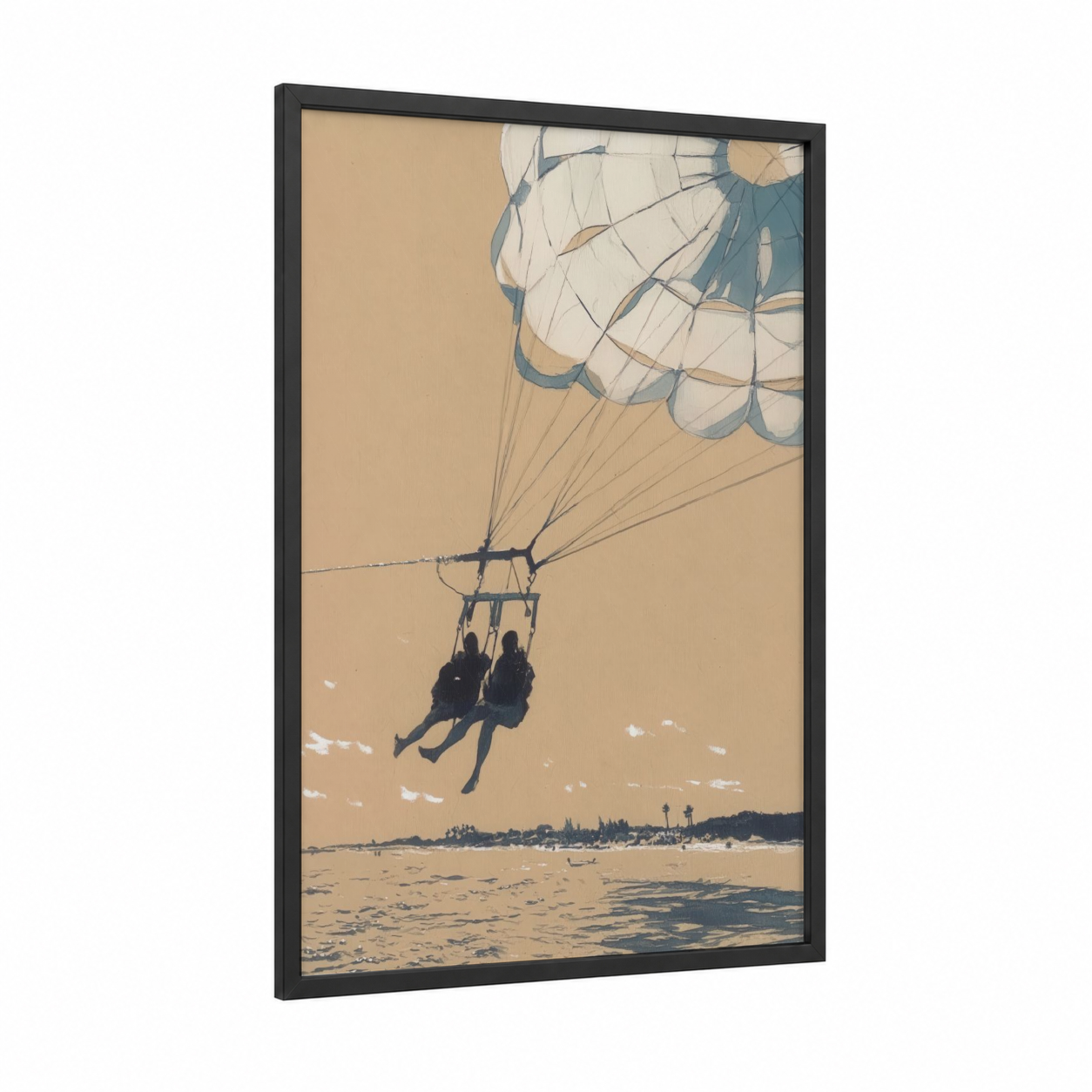 Coastal Parasailing framed art print — black wood frame — cream and blue palette