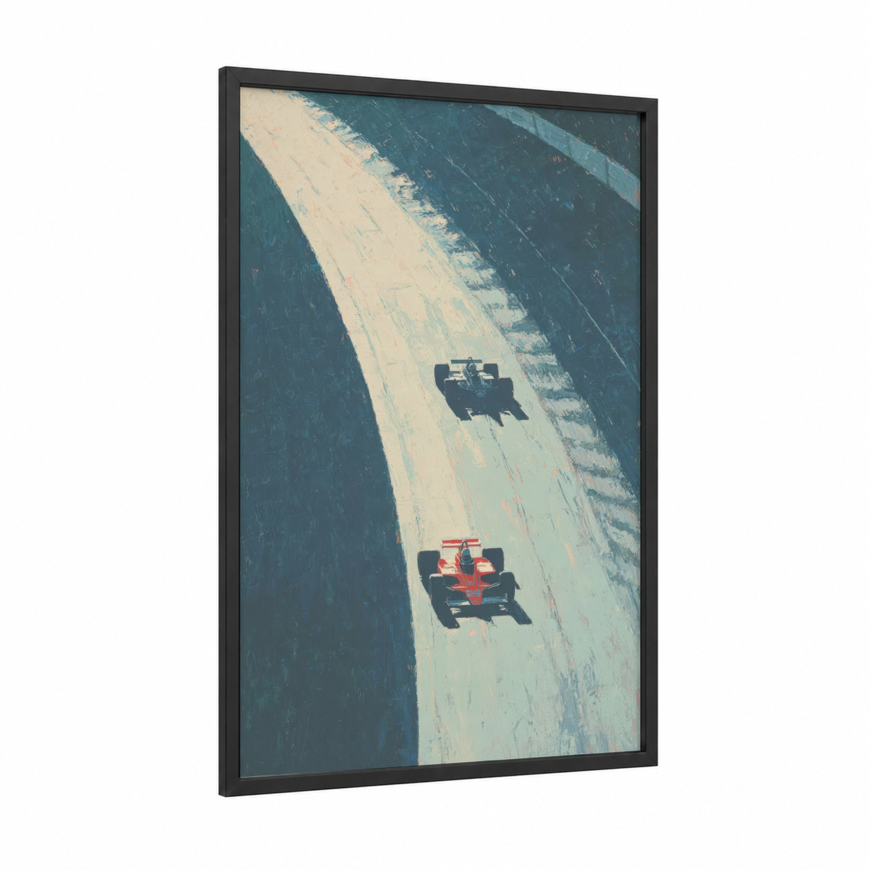 Apex Racing Duel framed auto racing print — black wood frame — teal and cream palette