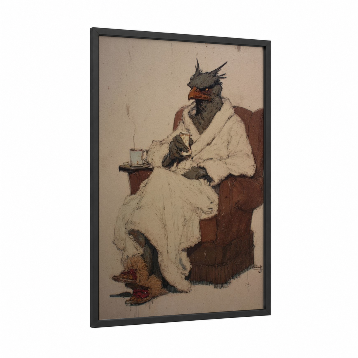 Cozy Phoenix framed art print — black wood frame — cream and maroon palette