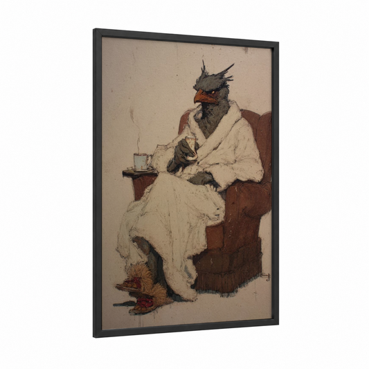 Cozy Phoenix framed art print — black wood frame — cream and maroon palette