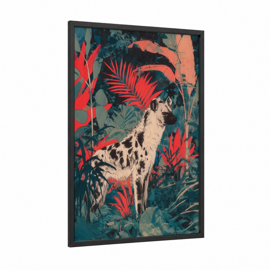 Tropical Hyena framed art print — black wood frame — red and teal palette