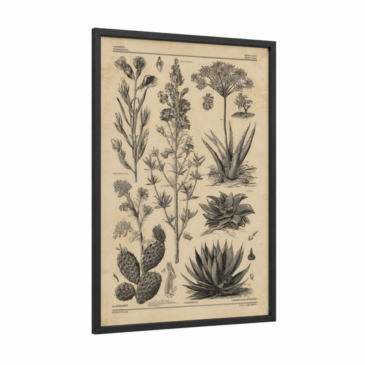 Botanical Cactus framed art print — black wood frame — black and white and cream palette